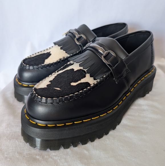 Dr. Martens Adrian Snaffle Quad Black/White Cow Print Horsebit Leather Loafers - Picture 3 of 14